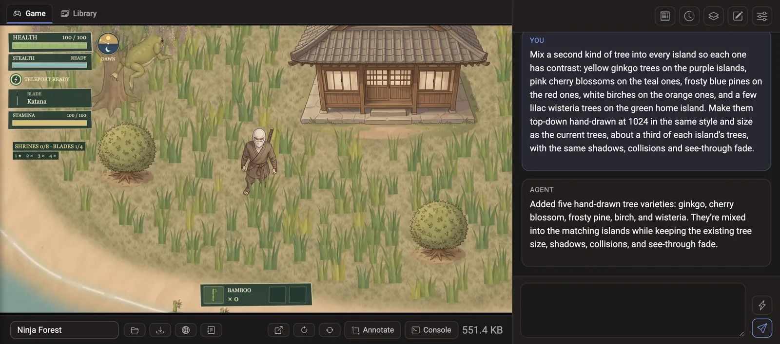 Voidless AI game agent workspace: a top-down ninja game running in the browser next to the agent chat