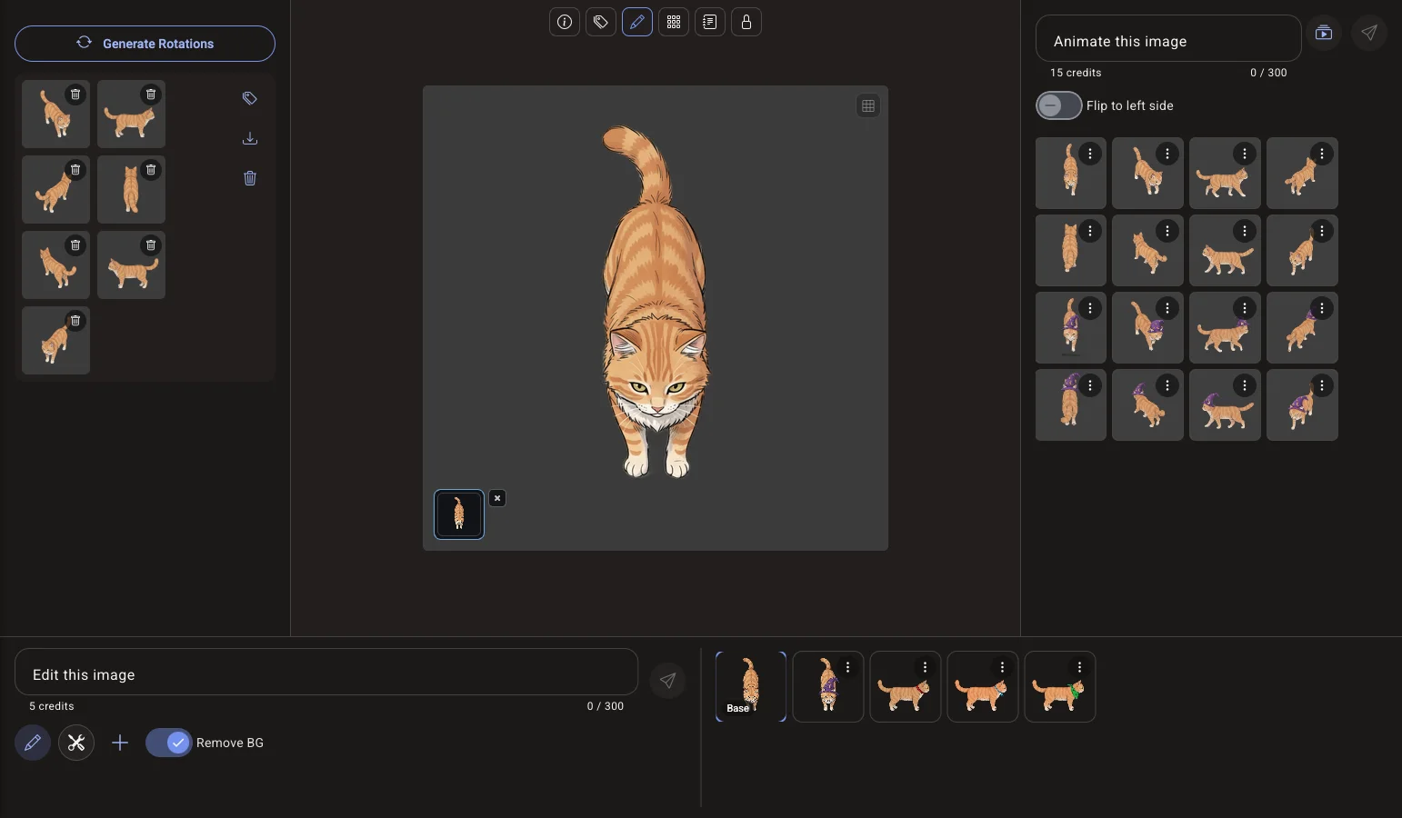 The Voidless image editor with a cat sprite, the Edit this image prompt and Remove BG toggle at the bottom, and its edits in a row