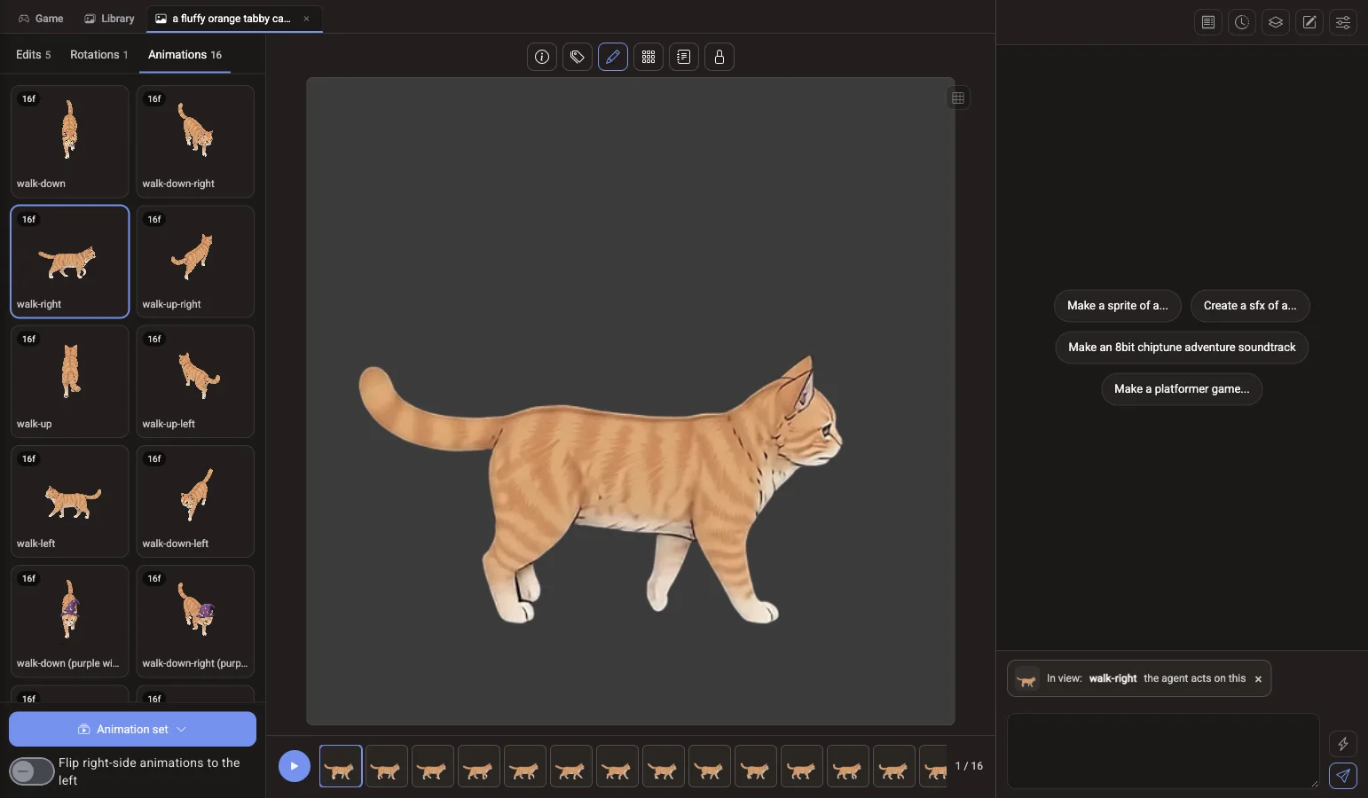 A Voidless project Library tab showing an orange cat sprite with sixteen walk animations, one per direction