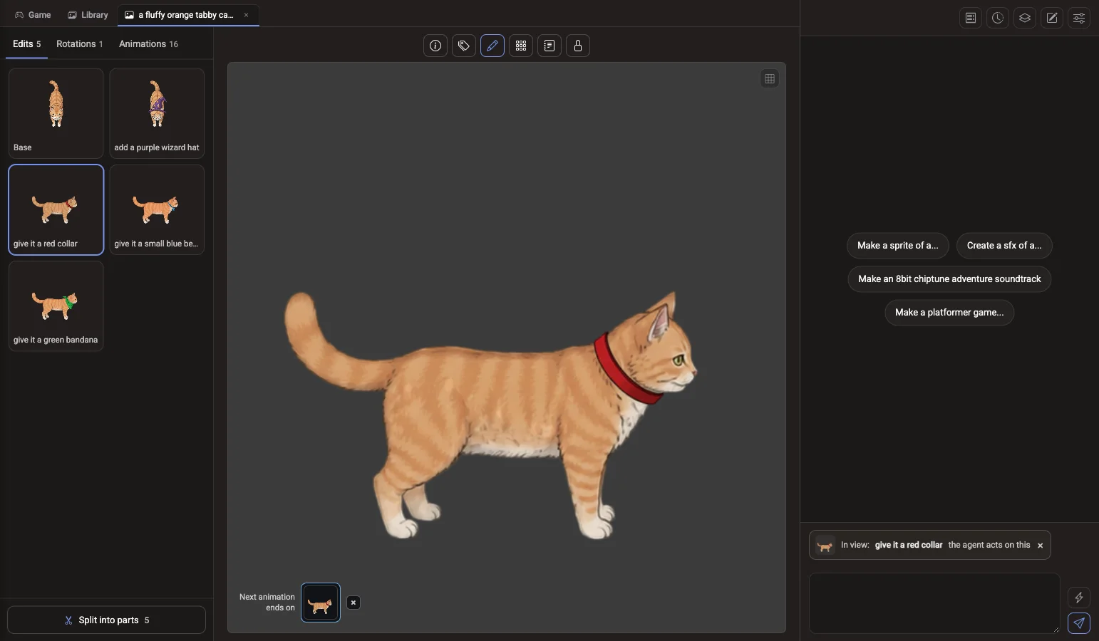 Library tab of a Voidless project: a cat sprite with its edits, next to the agent chat