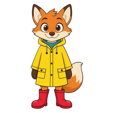 The same fox, in a yellow raincoat