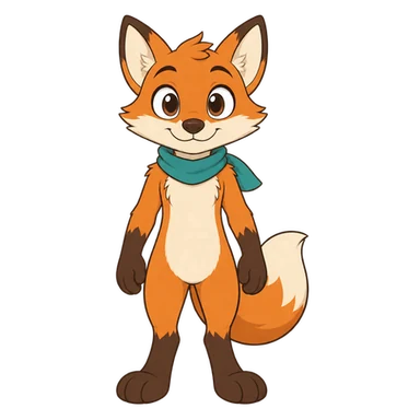 A cartoon fox mascot with a teal scarf on a transparent background