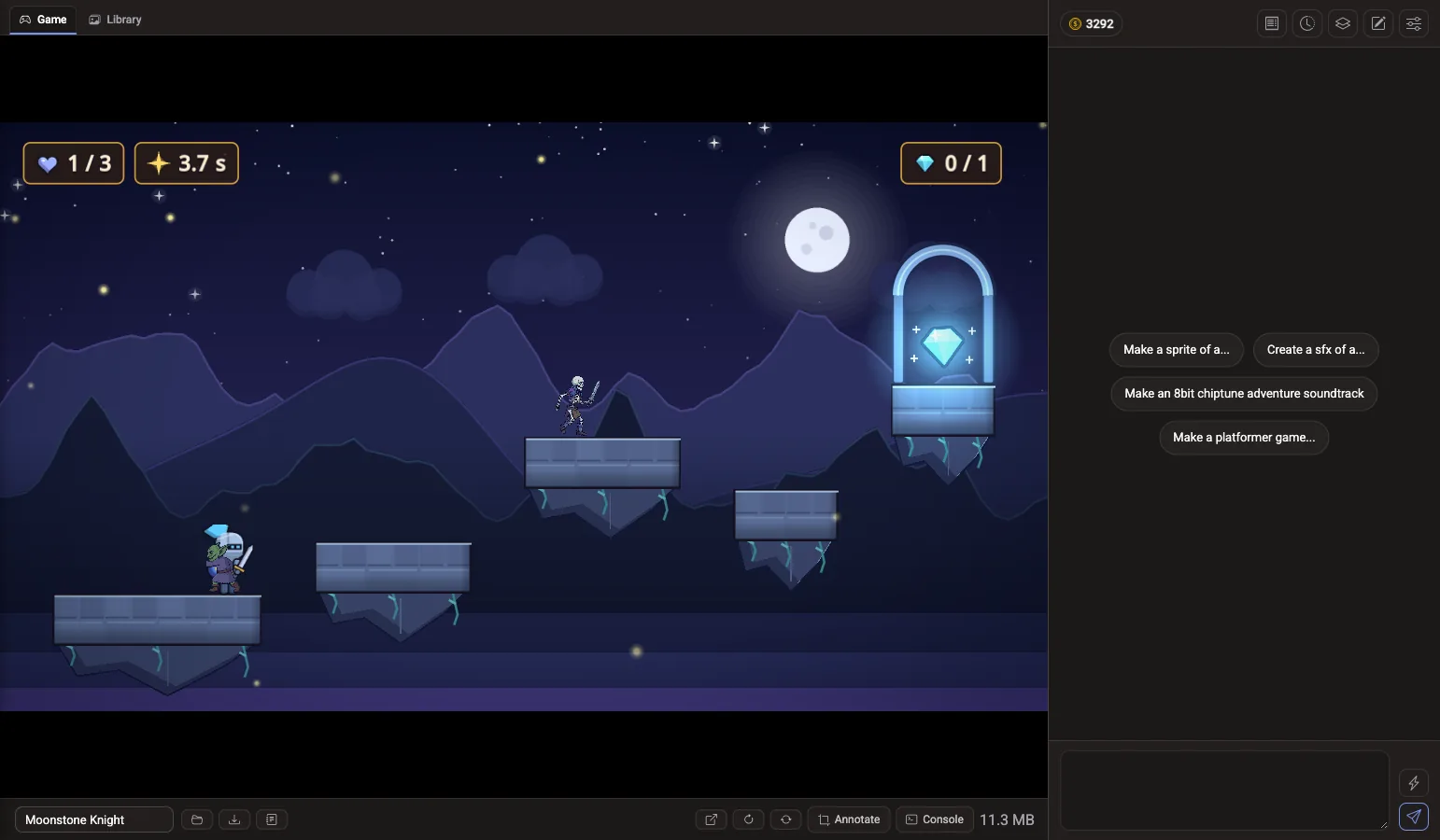 A Voidless project: Moonstone Knight, a Godot platformer the agent built, running beside the agent chat