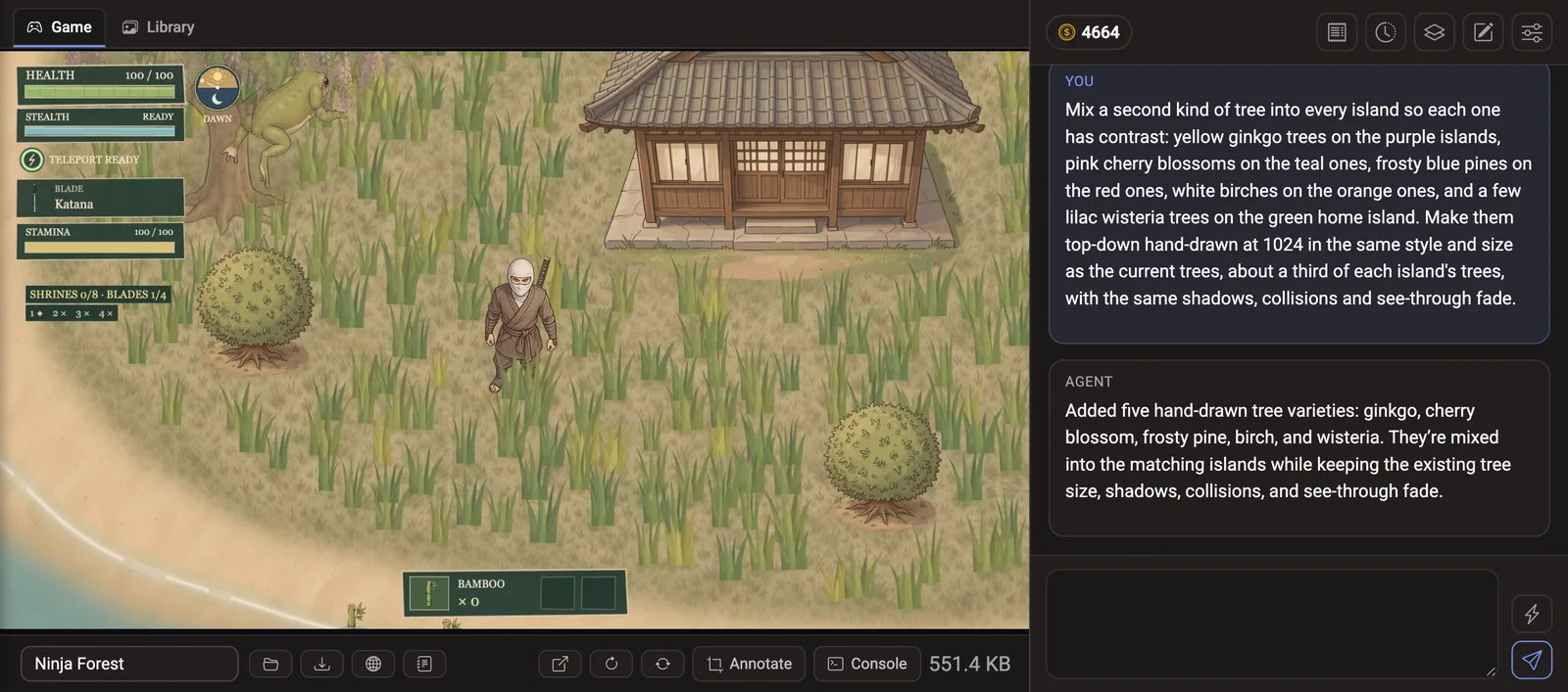 A Voidless project: a ninja game running in the browser, with the AI agent chat beside it