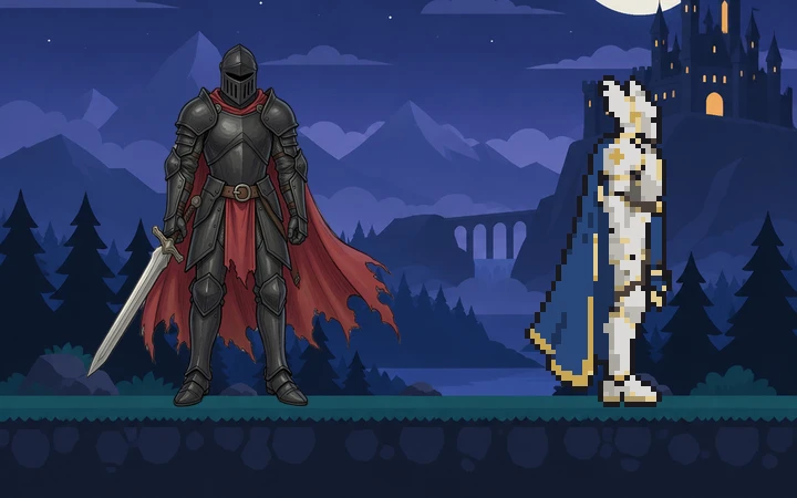 The knight cleanly cut out, and the paladin as 64-pixel pixel art on a true grid, standing in the night scene