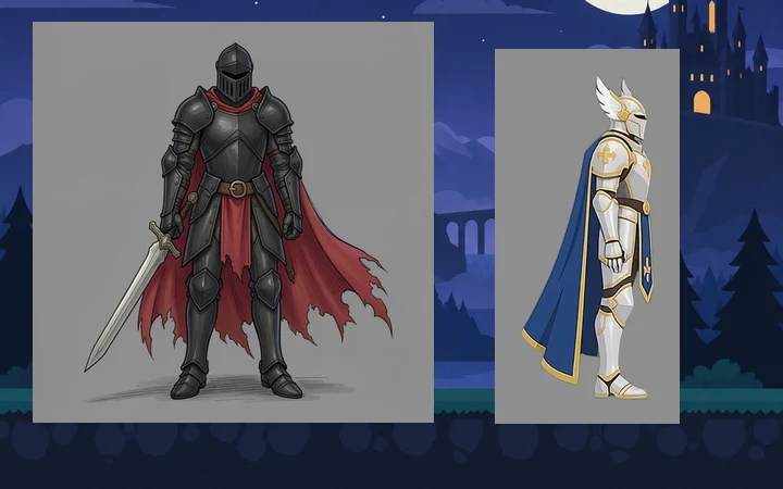 A knight and a smooth paladin render straight from the image model, each on its grey background, over a night game scene