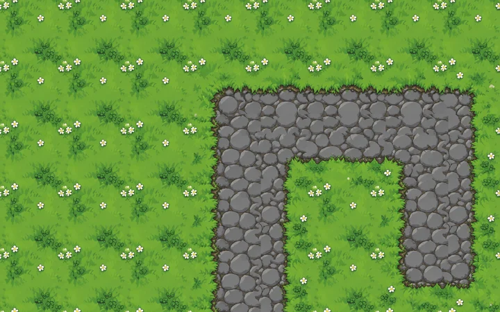 A cobblestone path on grass built from a Voidless tileset