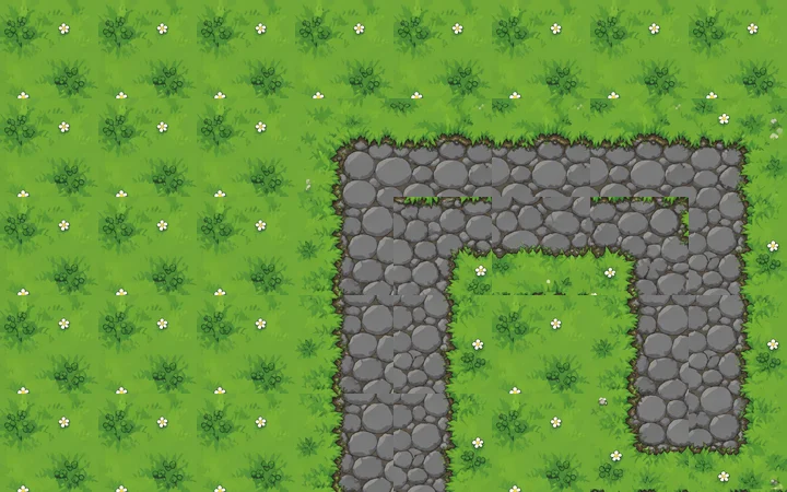 A cobblestone path auto-tiled from a raw AI tile sheet, with visible seams between the tiles