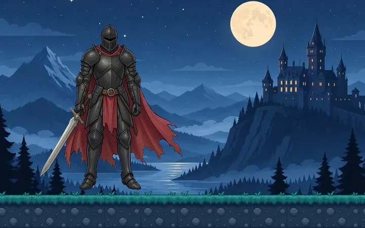 The same black knight cut out cleanly, standing in the night scene