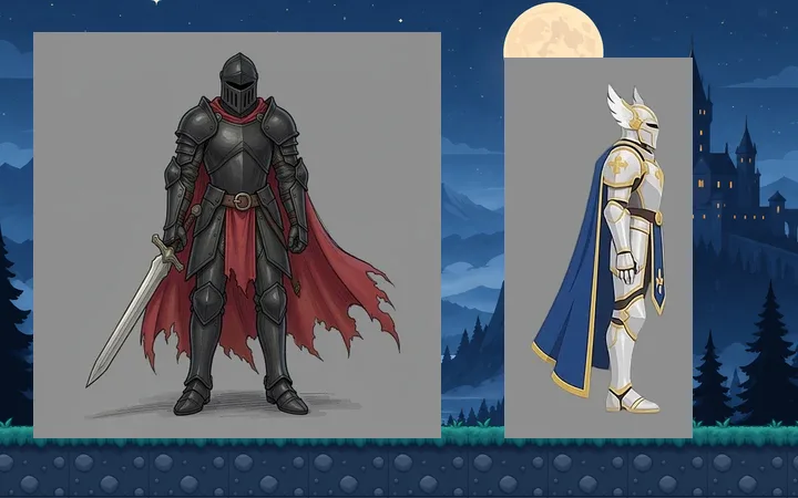 A knight and a paladin straight from the image model, each still on its grey background, in a night castle scene