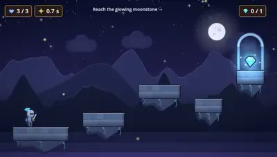 A platformer the Voidless game agent built from one prompt: a knight hops across floating platforms to a moonstone