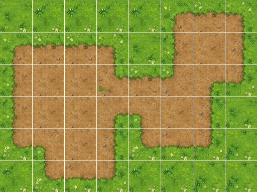 A dirt path on grass built tile by tile from one Voidless tileset, the tile grid drawn over it