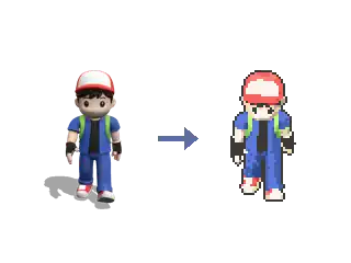 A 3D trainer model and its 64-pixel sprite walking and turning together through 8 directions