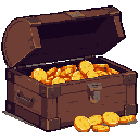 Flux Juggernaut: a wooden treasure chest full of gold coins (pixel art item)