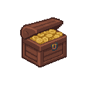 Retro Diffusion: a wooden treasure chest full of gold coins (pixel art item)