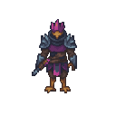 Retro Diffusion: a cyberpunk birdman warrior, full body (pixel art character)