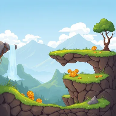 Flux Juggernaut: an original side-scrolling platformer level, no characters: grassy floating platforms, coins, a waterfall and distant mountains, game background (platformer scene)