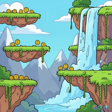 Flux 2 Klein: an original side-scrolling platformer level, no characters: grassy floating platforms, coins, a waterfall and distant mountains, game background (platformer scene)