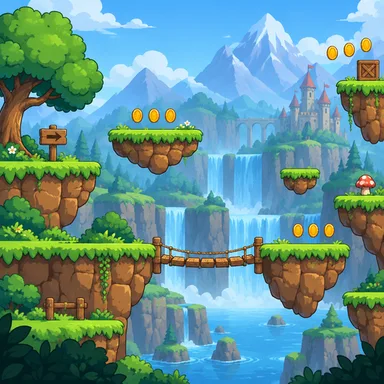 GPT-Image 2.5: an original side-scrolling platformer level, no characters: grassy floating platforms, coins, a waterfall and distant mountains, game background (platformer scene)