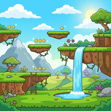 Nano Banana 2.1: an original side-scrolling platformer level, no characters: grassy floating platforms, coins, a waterfall and distant mountains, game background (platformer scene)