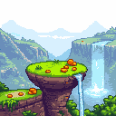 Retro Diffusion: an original side-scrolling platformer level, no characters: grassy floating platforms, coins, a waterfall and distant mountains, game background (platformer scene)