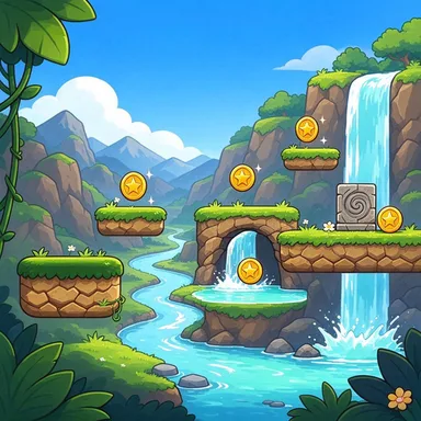 Seedream 5 Flash: an original side-scrolling platformer level, no characters: grassy floating platforms, coins, a waterfall and distant mountains, game background (platformer scene)