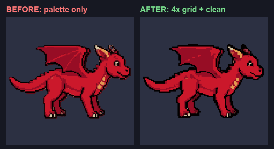 A 512 pixel art dragon walk, before and after the grid snap