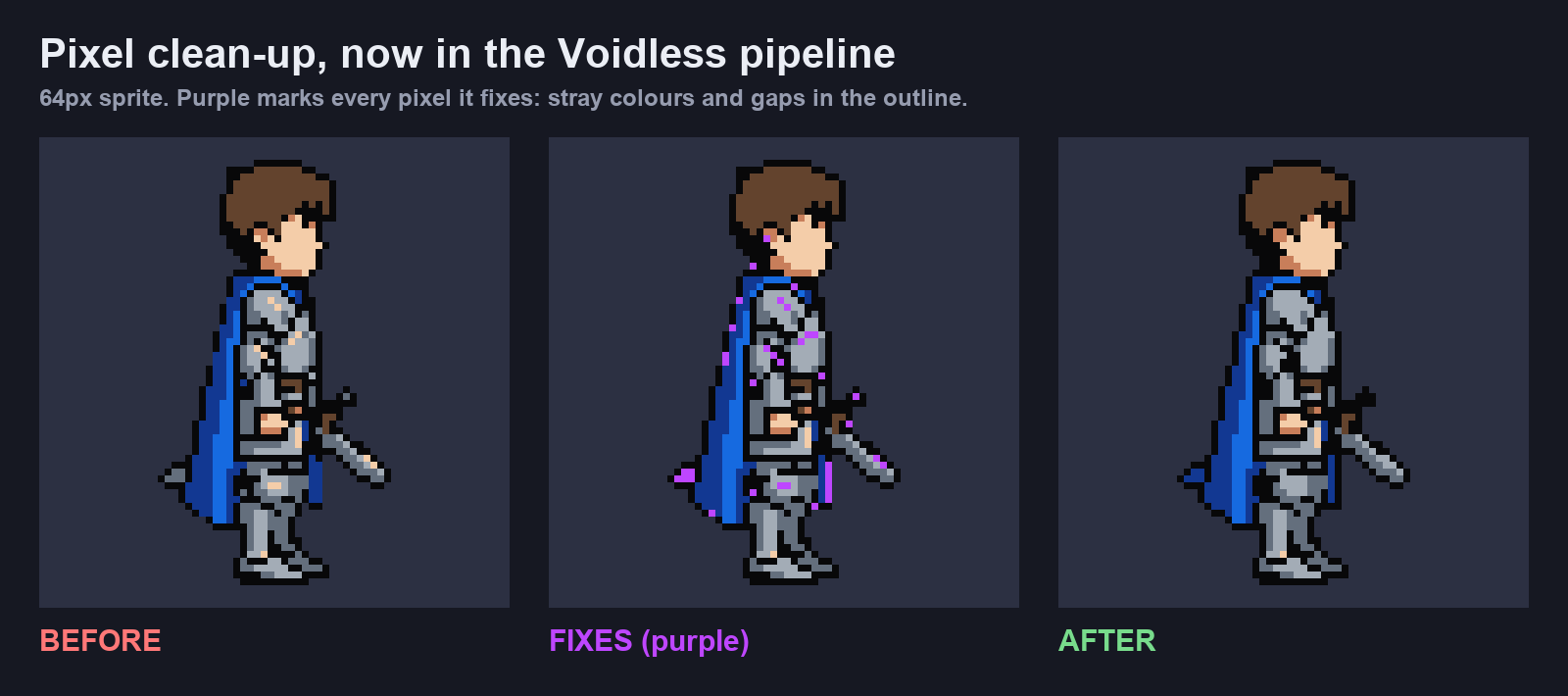 A 64 px knight before and after the clean-up, with the fixed pixels marked in purple