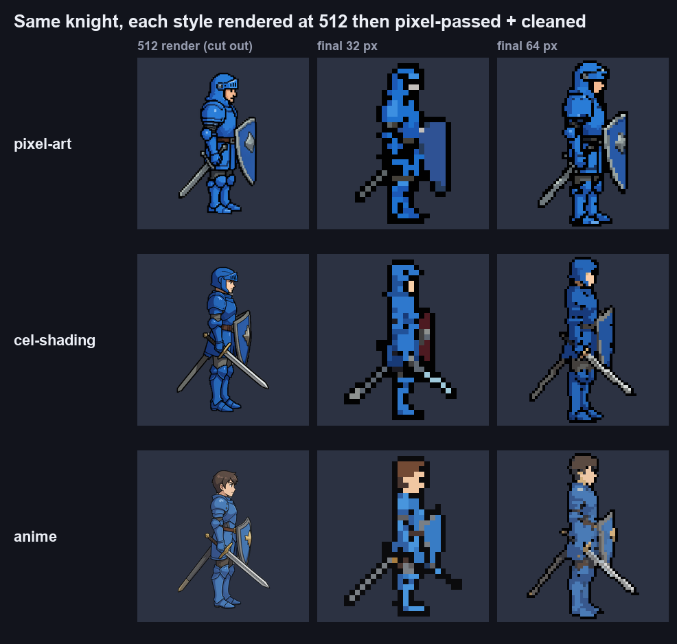 One knight in pixel art, cel shading and anime at 32 and 64 px