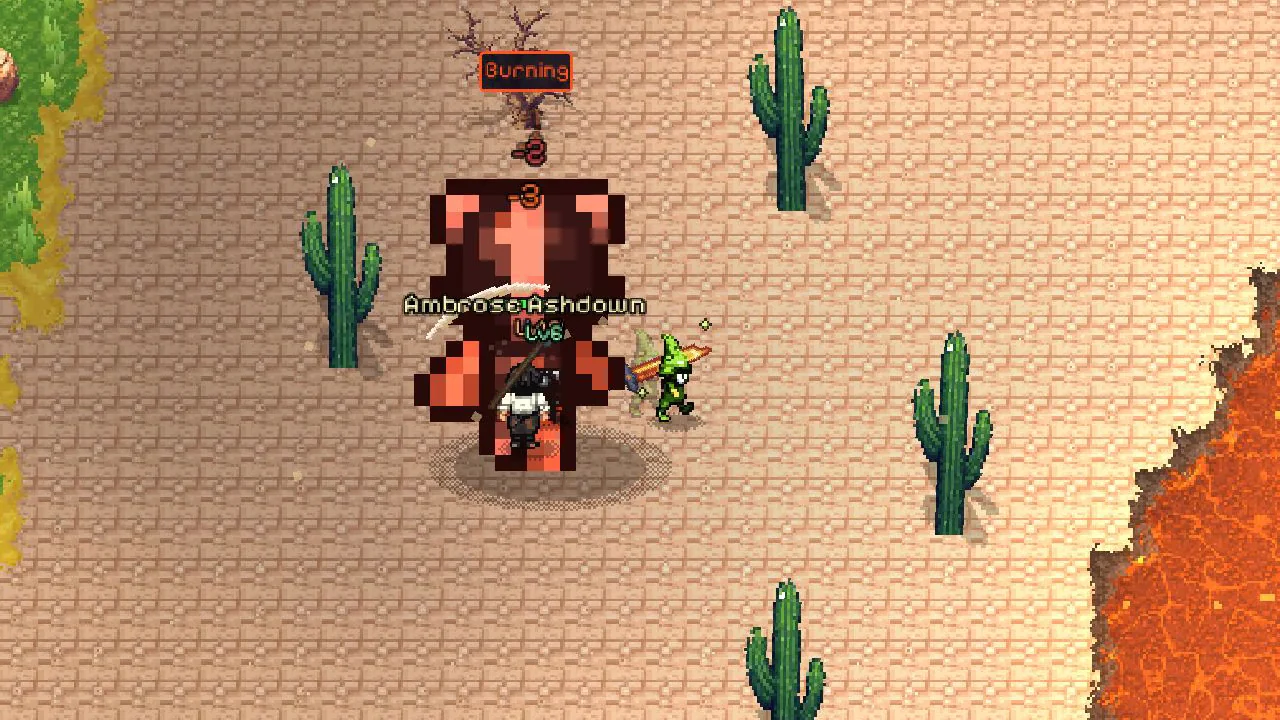 A hero fighting a towering world boss beside a lava flow in the desert