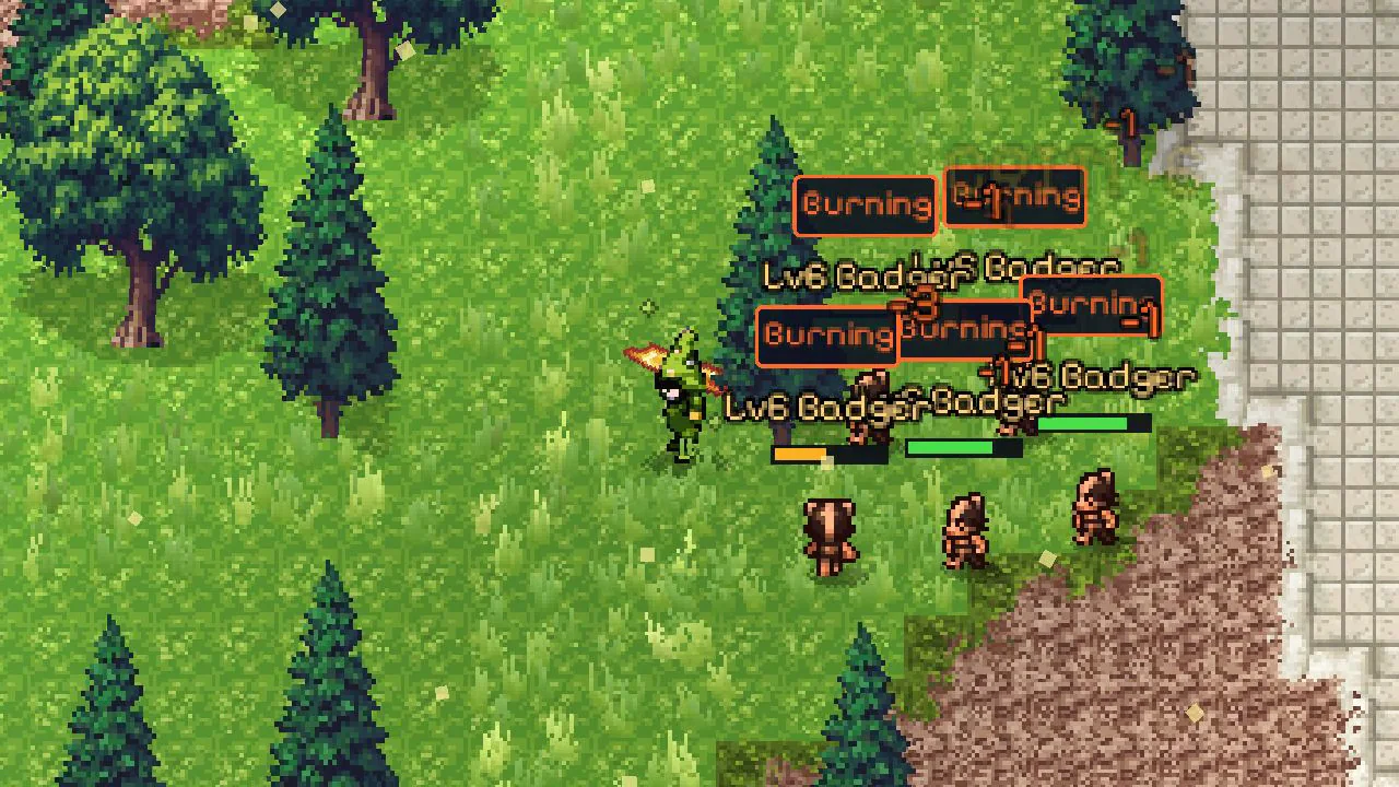 A hero fighting a pack of badgers, several of them burning