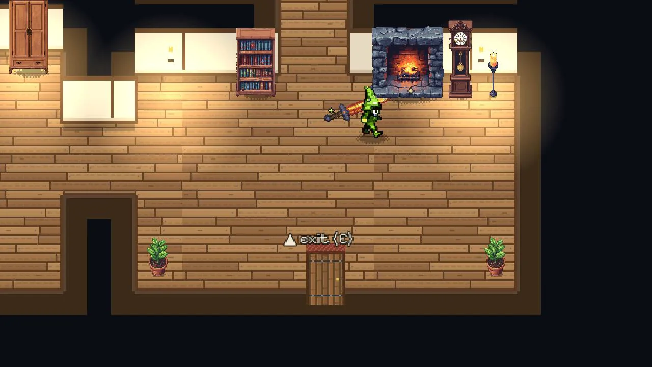The inside of a house with a lit fireplace, bookshelf and grandfather clock