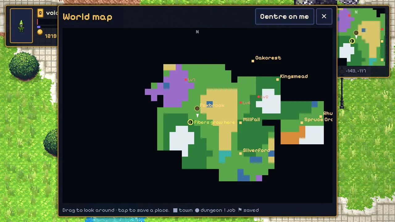 The in-game world map showing explored land, towns and saved pins