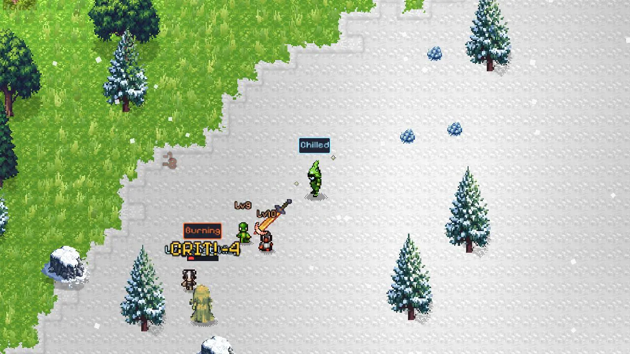 A hero fighting in a snowfield among pine trees, with damage numbers showing