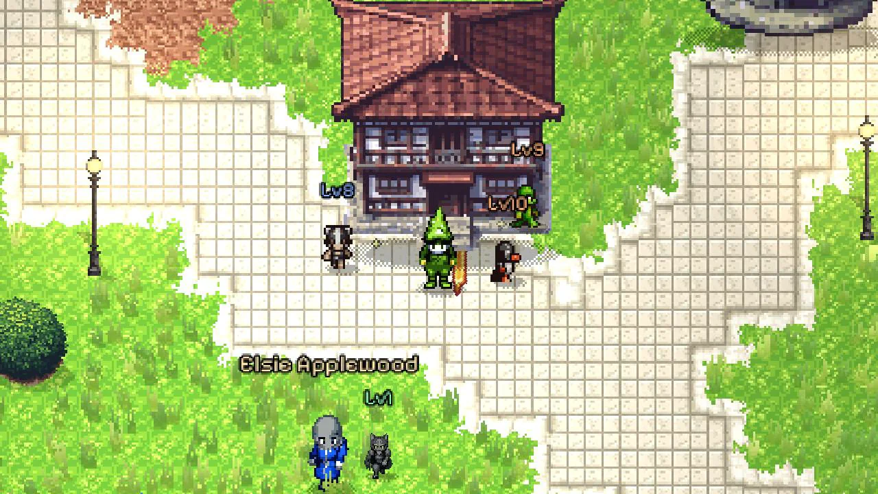 A town square with houses, street lamps and villagers going about their day