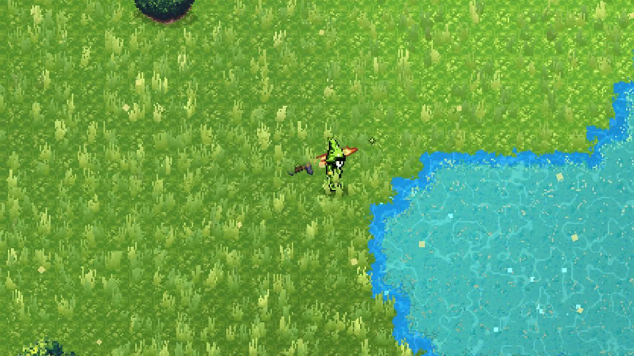 A player walking through grassland towards a lake, with trees and wildflowers