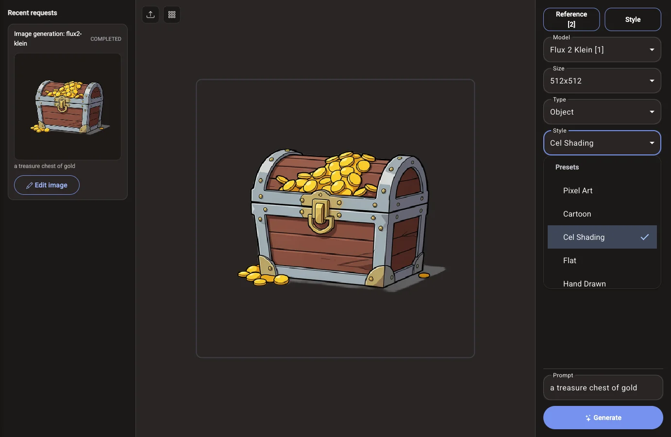 The Voidless image generator with the Style menu open on Cel Shading and a generated cel-shaded treasure chest on the canvas