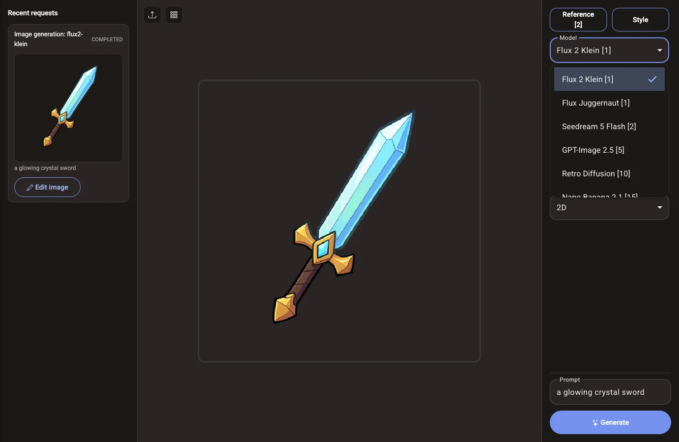 The Voidless image generator with the Model menu open, listing six image models with their credit cost, and a generated crystal sword on the canvas