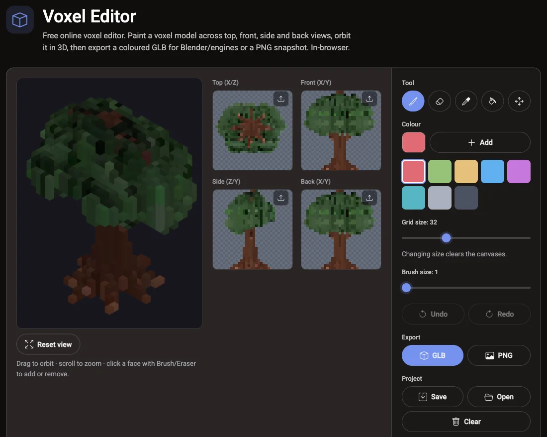 The free Voidless Voxel Editor with a voxel tree in the 3D view and its top, front, side and back views