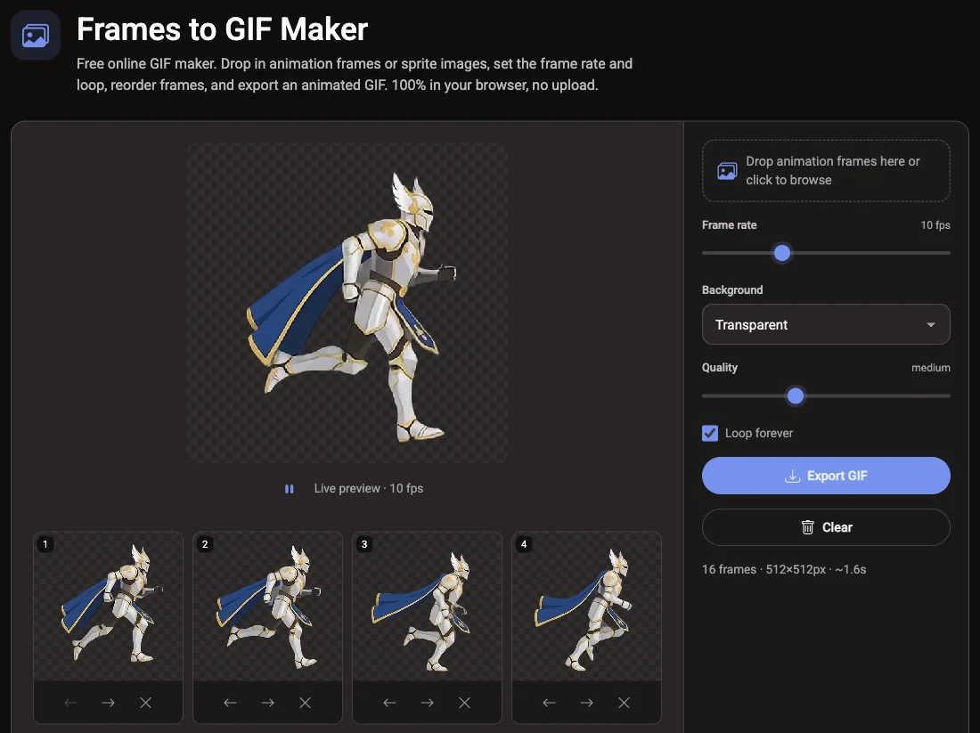 The free Voidless Frames to GIF Maker with 16 paladin run frames loaded and the live GIF preview playing at 10 fps