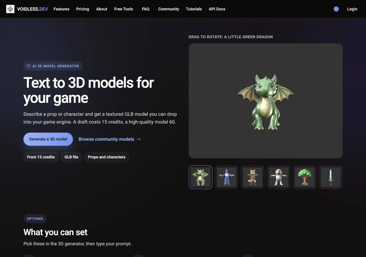 A green dragon 3D model generated on Voidless, shown in a rotatable viewer on the 3D model generator page