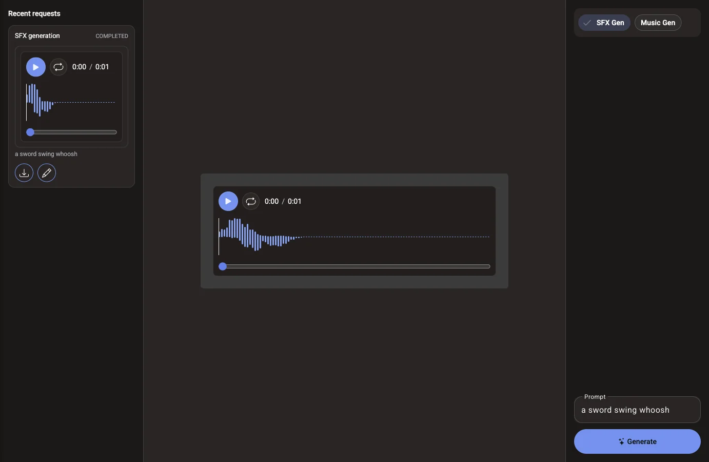 The Voidless audio generator in SFX Gen mode with the prompt "a sword swing whoosh" and the generated sound in a waveform player