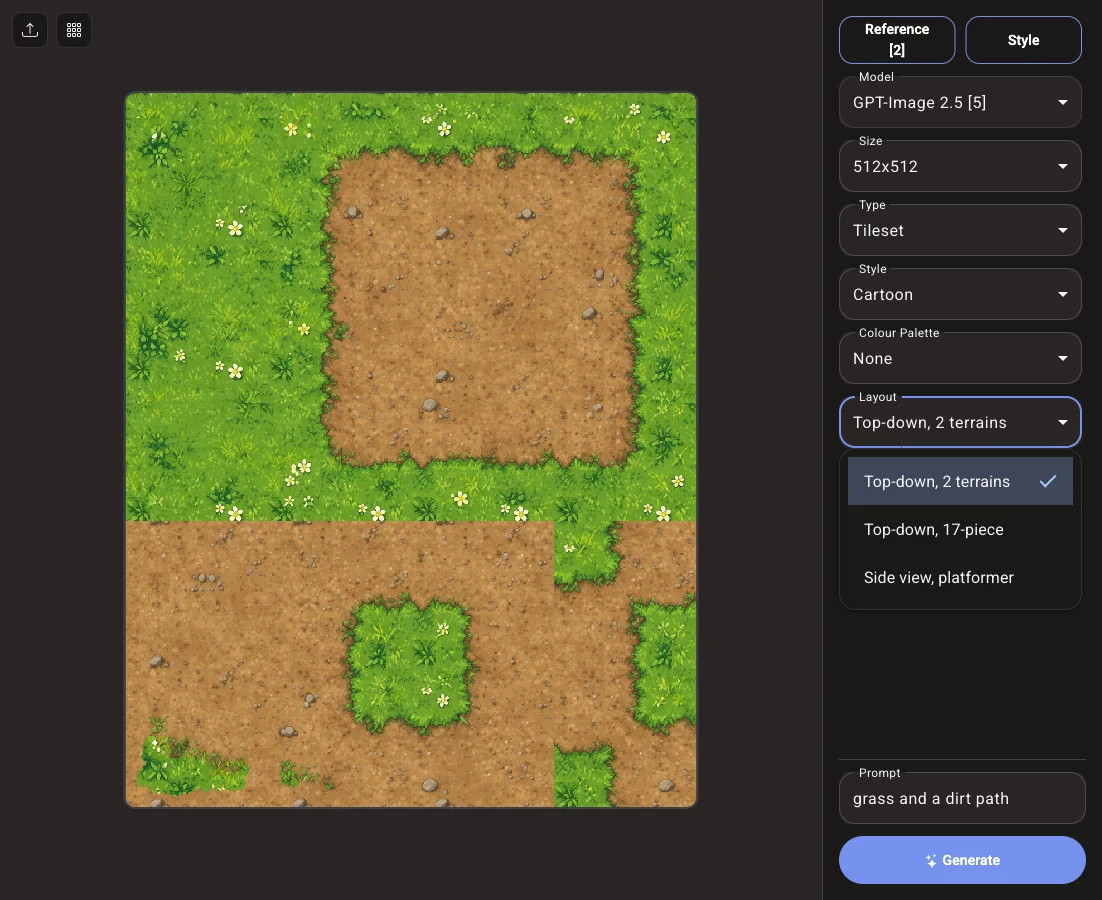The Voidless image generator with Type set to Tileset, the Layout menu open on Top-down 2 terrains, and a generated grass and dirt tileset on the canvas