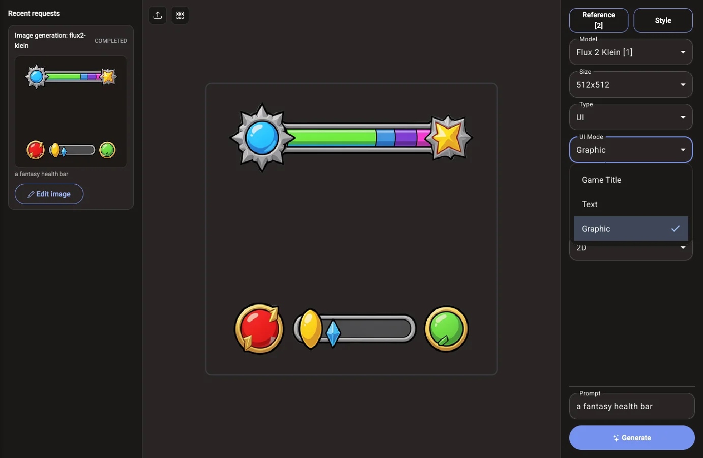 The Voidless image generator with Type set to UI, the UI Mode menu open on Graphic, and generated fantasy health bars on the canvas