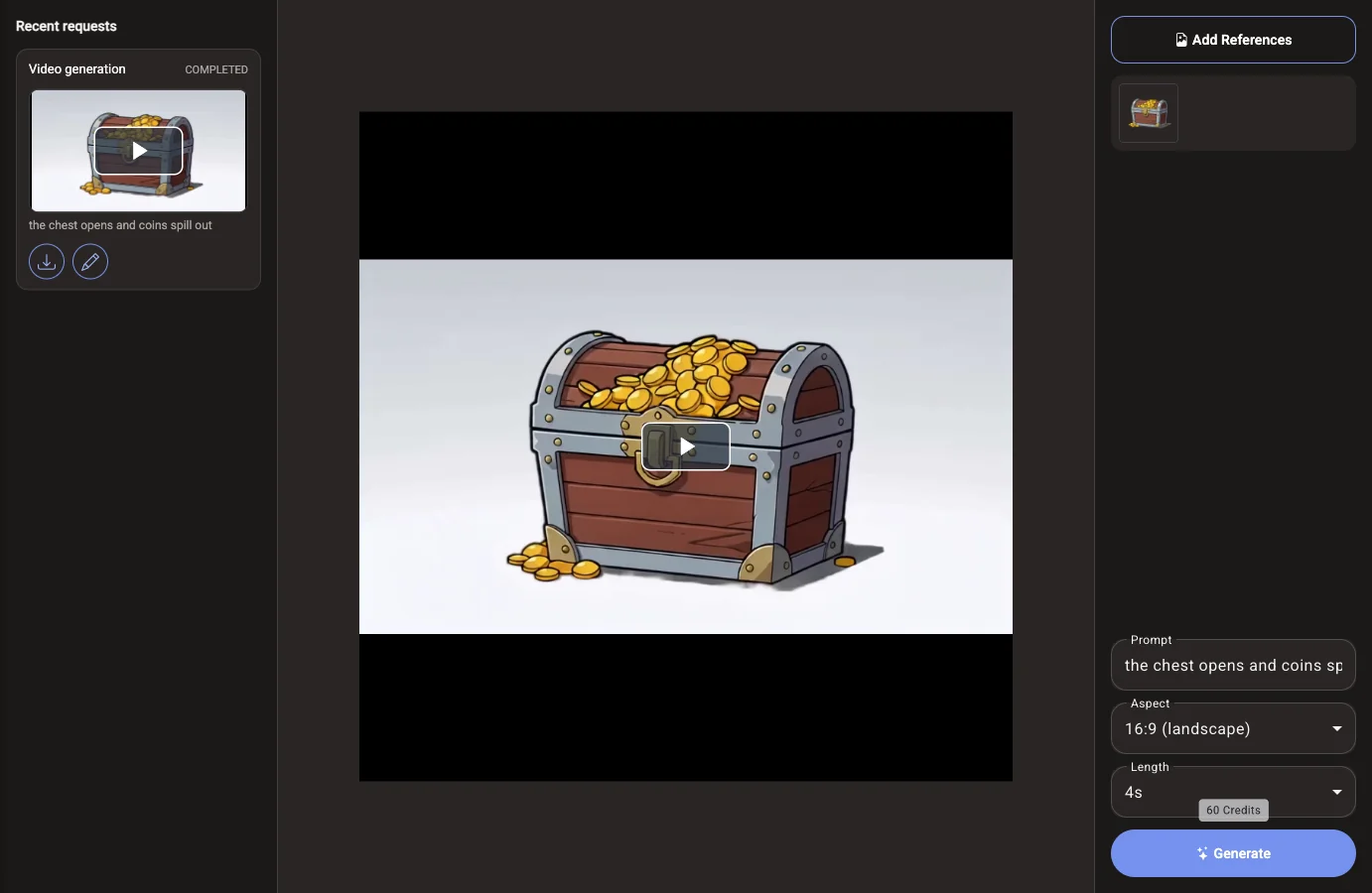 The Voidless video generator with a treasure chest image as the reference, a 4s 16:9 clip setting, and the generated clip in the player