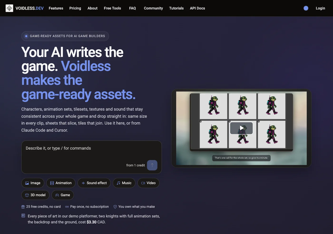 The Voidless home page with the prompt box where you describe the asset you want to make