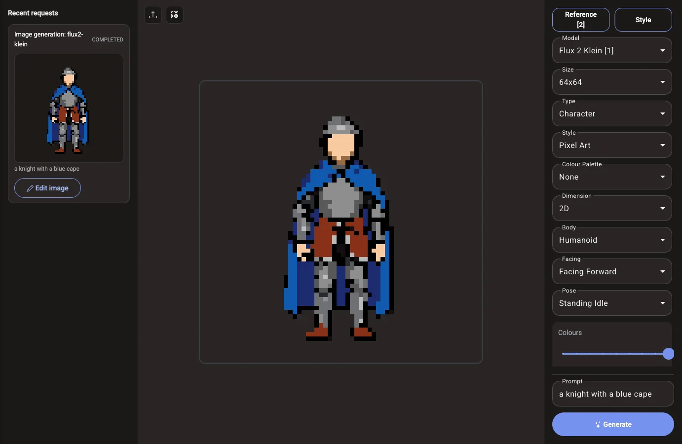 The Voidless image generator with Type set to Character, the Body, Facing and Pose options, and a generated pixel-art knight on the canvas