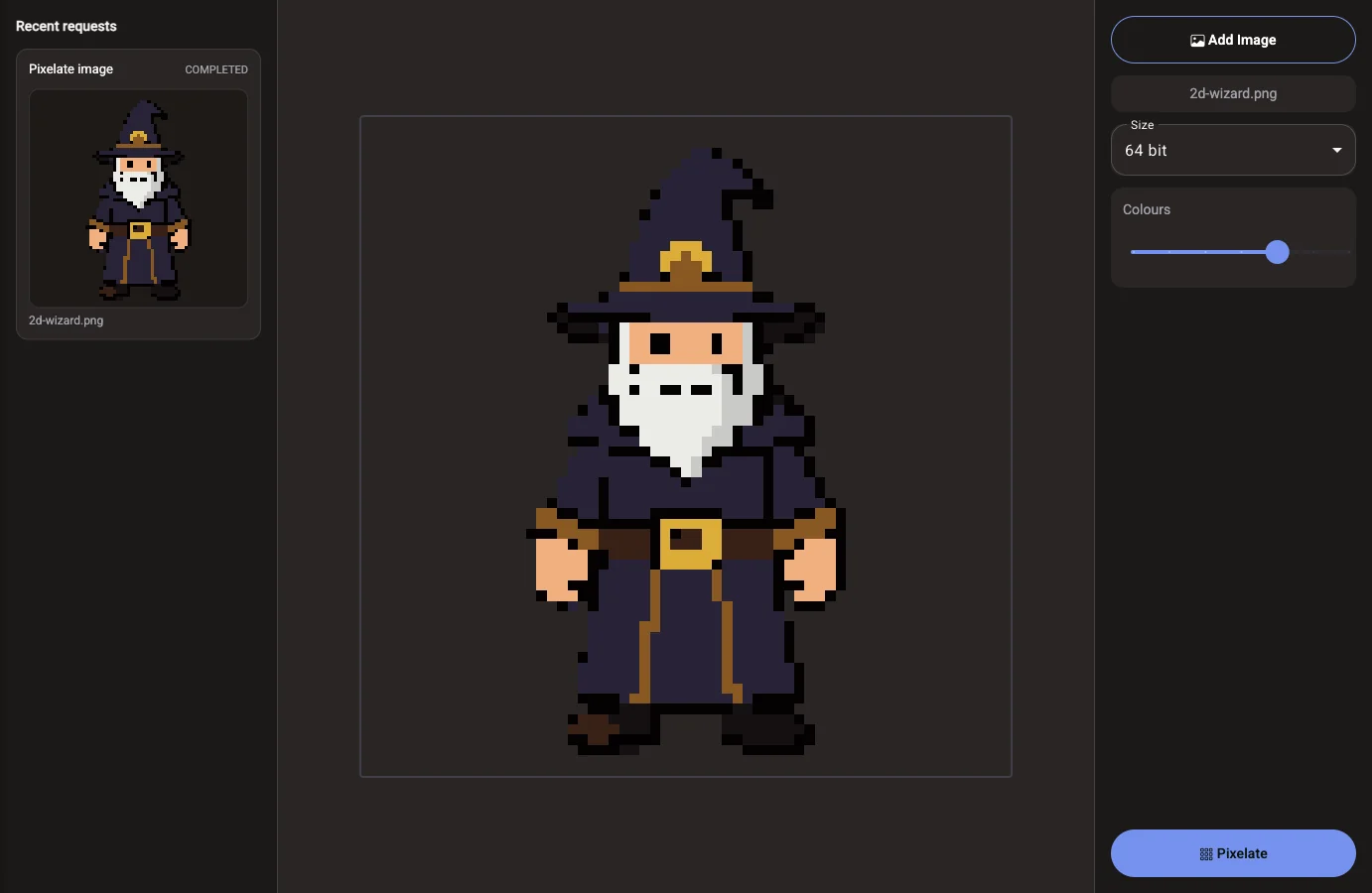 The Voidless Pixelate page with a wizard image added, Size set to 64 bit, and the pixelated wizard on the canvas