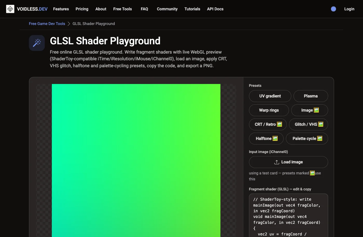 The free Voidless GLSL Shader Playground showing a gradient fragment shader with its presets and code editor