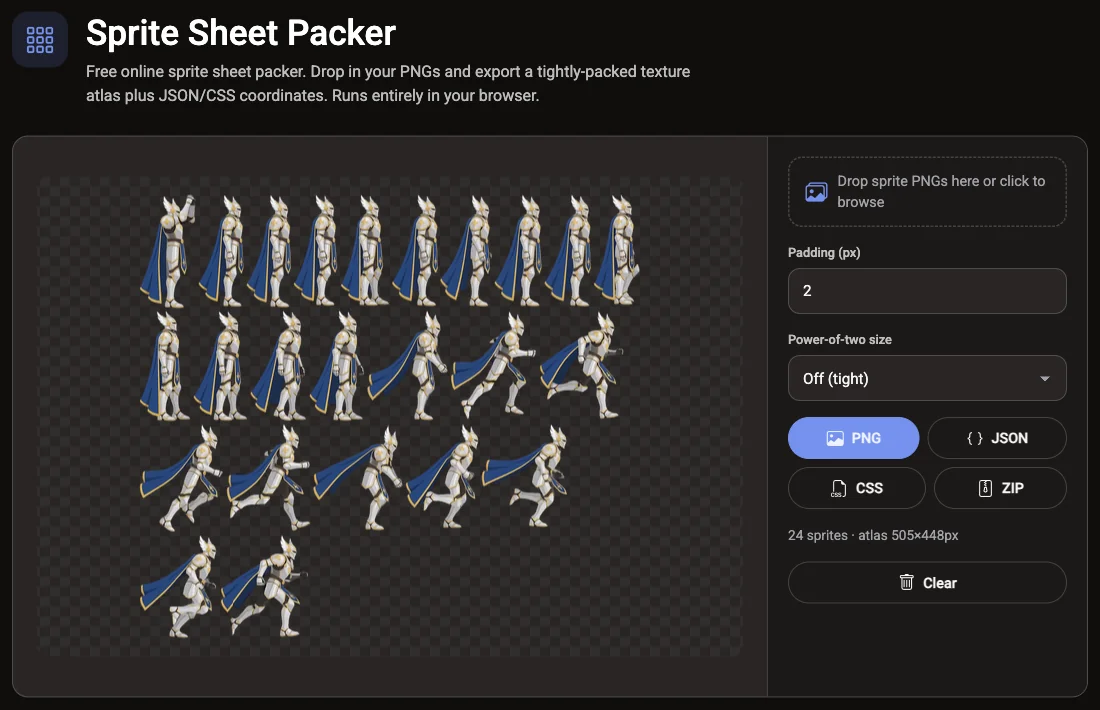 The free Voidless Sprite Sheet Packer with 24 paladin sprites packed into one 505x448 texture atlas